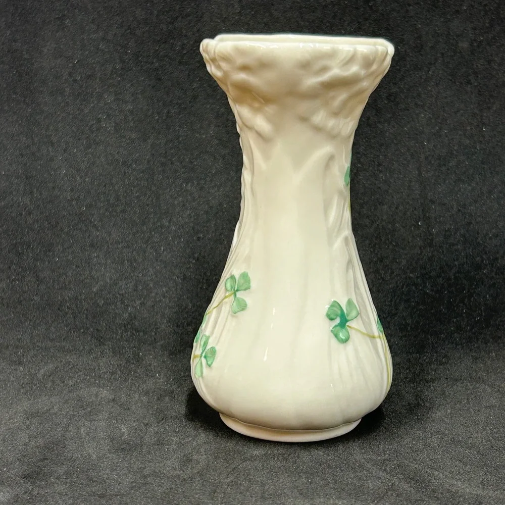 Belleek Ireland Shamrock Bud Vase Basketweave Parian China Green Mark Mini